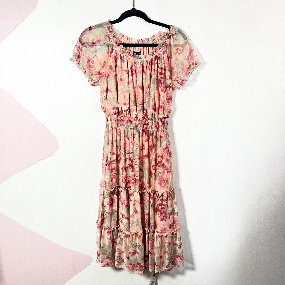 Anthropologie Kate and Lily Midi Dress Womens 6 Pink Floral Mesh Smocked Tiered